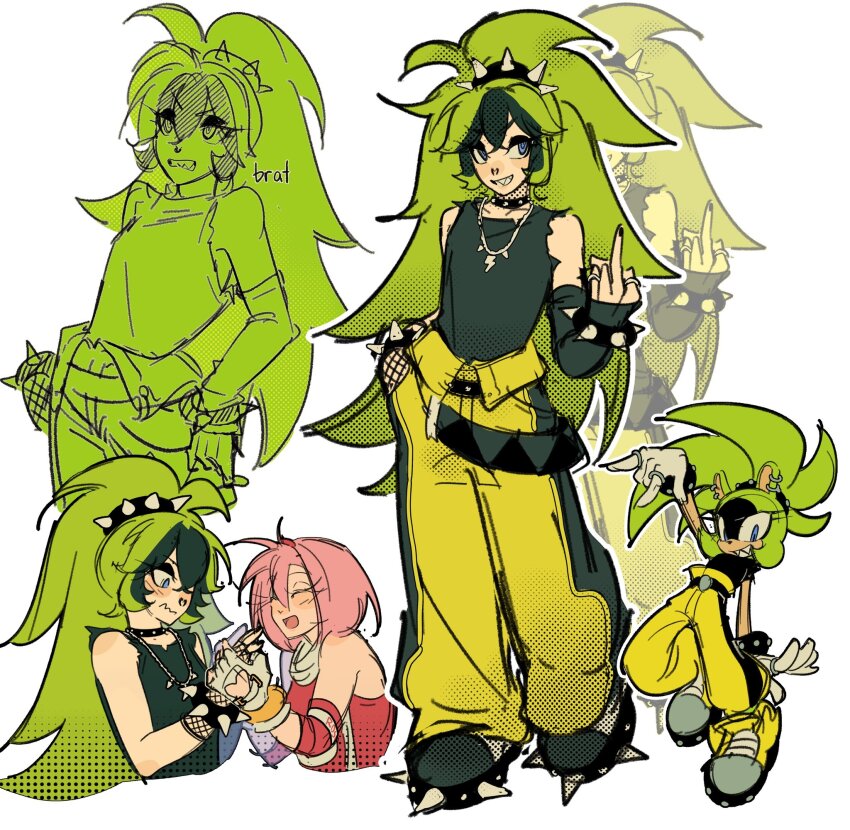 2girls amy_rose animal_ears animal_nose black_bridal_gauntlets black_shoes black_tank_top blue_eyes bridal_gauntlets earrings full_body furry furry_and_humanization furry_female gloves green_fur green_hair highres jewelry livpoid looking_at_another looking_at_viewer middle_finger multiple_girls multiple_rings necklace open_mouth pants personification pink_hair ponytail red_shirt ring sharp_teeth shirt shoes simple_background solo_focus sonic_(series) sonic_the_hedgehog_(idw) standing surge_the_tenrec tank_top teeth tenrec_girl white_background white_gloves yellow_pants yellow_shoes