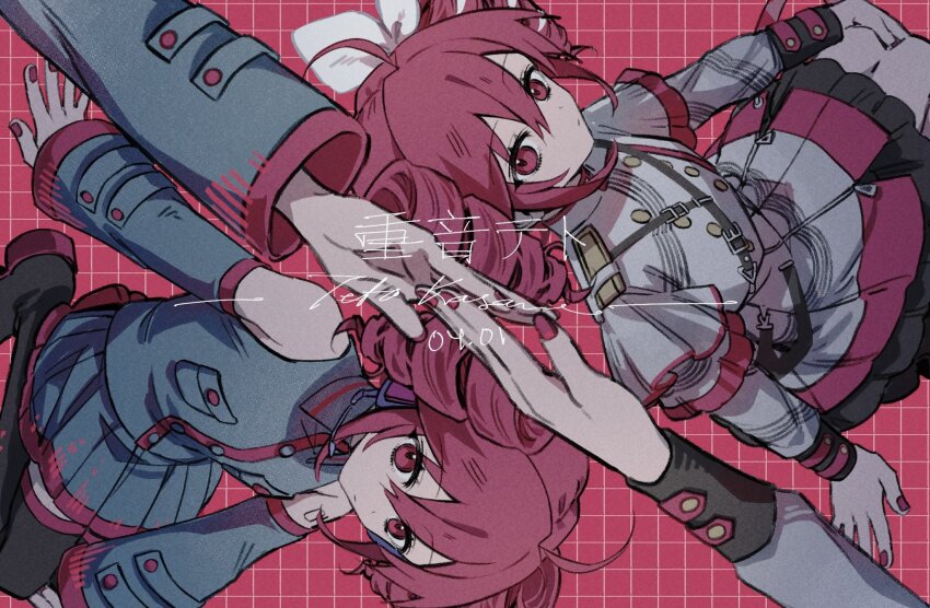 2girls ahoge arm_at_side armpit_crease bare_shoulders belt black_belt black_boots black_shirt black_skirt black_sleeve_cuffs black_sleeves black_thighhighs boots bow buttons character_name closed_mouth collared_shirt detached_sleeves double-breasted double-parted_bangs drill_hair dual_persona fingernails grey_skirt grid_background hair_between_eyes hair_bow hair_ribbon headphones headset highres jacket kasane_teto kasane_teto_(sv) kasane_teto_(utau) kneeling layered_skirt layered_sleeves long_sleeves looking_at_viewer microphone multiple_girls musical_staff musical_staff_print number_tattoo pleated_skirt reaching red_background red_eyes red_hair red_nails red_skirt red_tattoo red_trim ribbon shirt shoulder_belt shoulder_boards shoulder_tattoo sitting skirt skirt_set striped_clothes striped_jacket striped_skirt synthesizer_v tattoo thigh_boots thighhighs tiffy_owoo twin_drills utau white_bow white_ribbon wing_collar