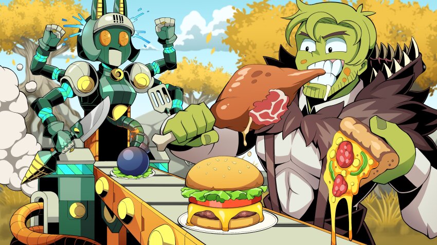 absurdres beowulf_(skullgirls) bomb boned_meat burger cosplay explosive food highres holding holding_food holding_pizza holding_spatula meat pechamaju pizza robo-fortune shrek shrek_(cosplay) skullgirls spatula