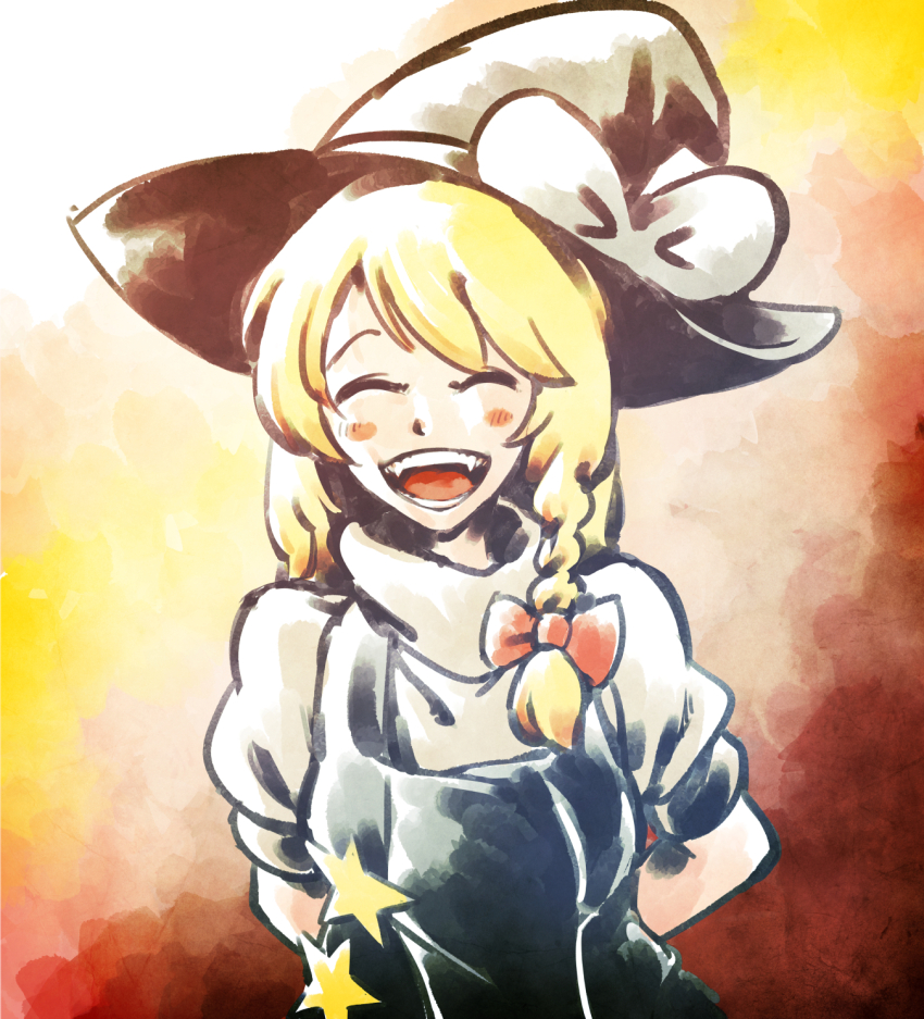 1girl black_hat black_vest blonde_hair blush bow braid closed_eyes commentary_request cookie_(touhou) hair_bow hat highres kirisame_marisa long_hair open_mouth orange_background puffy_short_sleeves puffy_sleeves red_bow shirt short_sleeves side_braid single_braid smile solo suzu_(cookie) touhou turtleneck turtleneck_shirt ukiwagirl upper_body vest white_bow white_shirt witch_hat