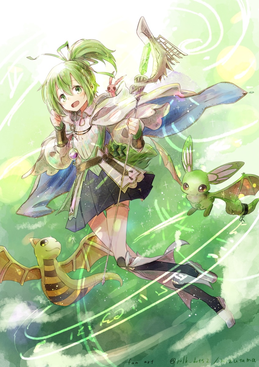 1girl boots cloak crystal duel_monster green_eyes green_hair green_theme highres mizutama_(mizutamalion) petit_dragon pleated_skirt ponytail skirt staff wynn_the_wind_channeler wynn_the_wind_charmer yu-gi-oh!