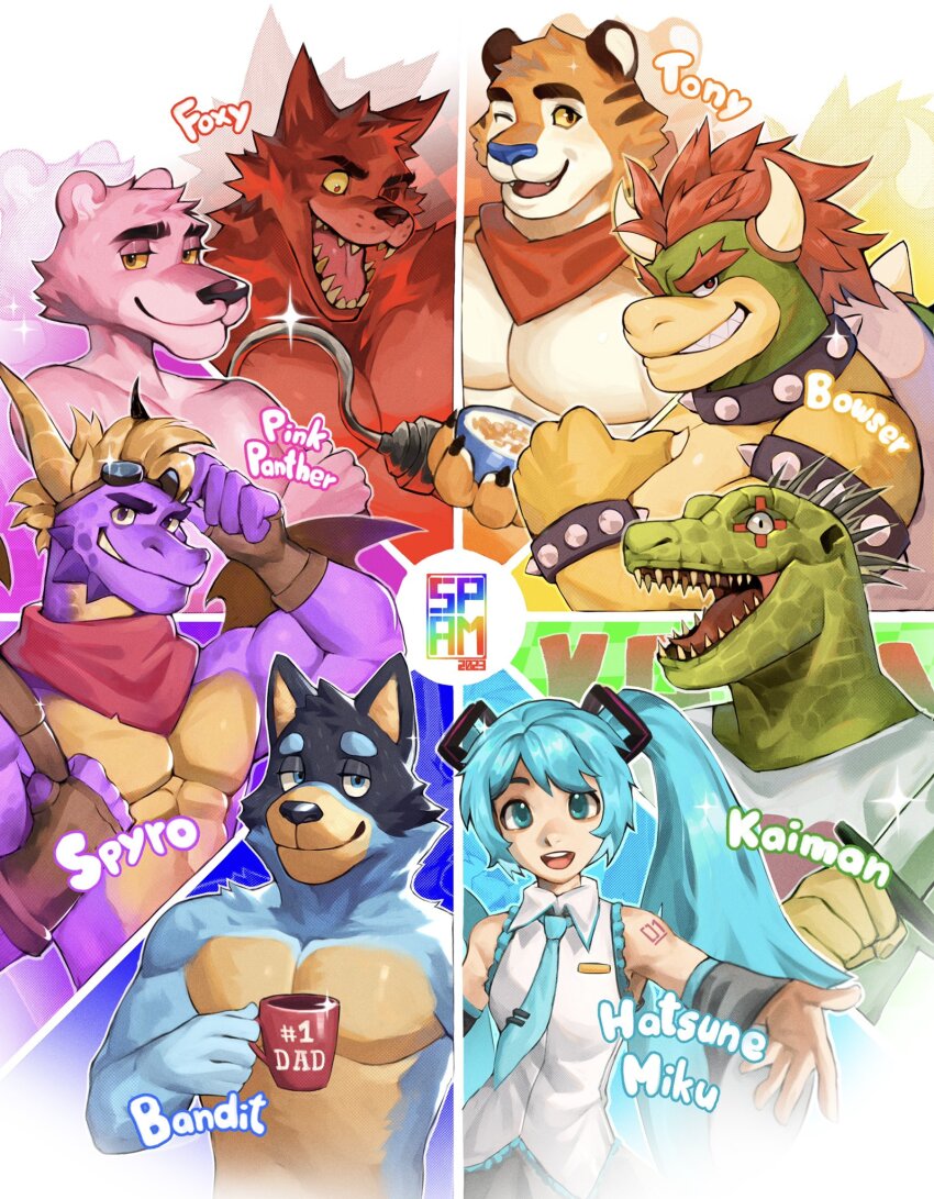 1girl 6+boys artist_logo bandit_heeler bara bare_shoulders blue_hair bluey bowser caiman_(dorohedoro) collared_shirt color_wheel_challenge cup detached_sleeves dorohedoro fangs five_nights_at_freddy&#039;s foxy_(fnaf) frosted_flakes furry furry_male goggles goggles_on_head hatsune_miku highres holding holding_cup holding_goggles hook_hand logo long_hair looking_at_viewer mario_(series) multiple_boys multiple_drawing_challenge nintendo number_tattoo odd_one_out one_eye_closed open_mouth outstretched_hand shirt short_twintails shoulder_tattoo sleeveless sleeveless_shirt smile spamagotchi sparkle spyro_(series) spyro_the_dragon super_mario_bros._1 tattoo teeth the_pink_panther the_pink_panther_(character) thumbs_up tony_the_tiger twintails upper_teeth_only very_long_hair vocaloid