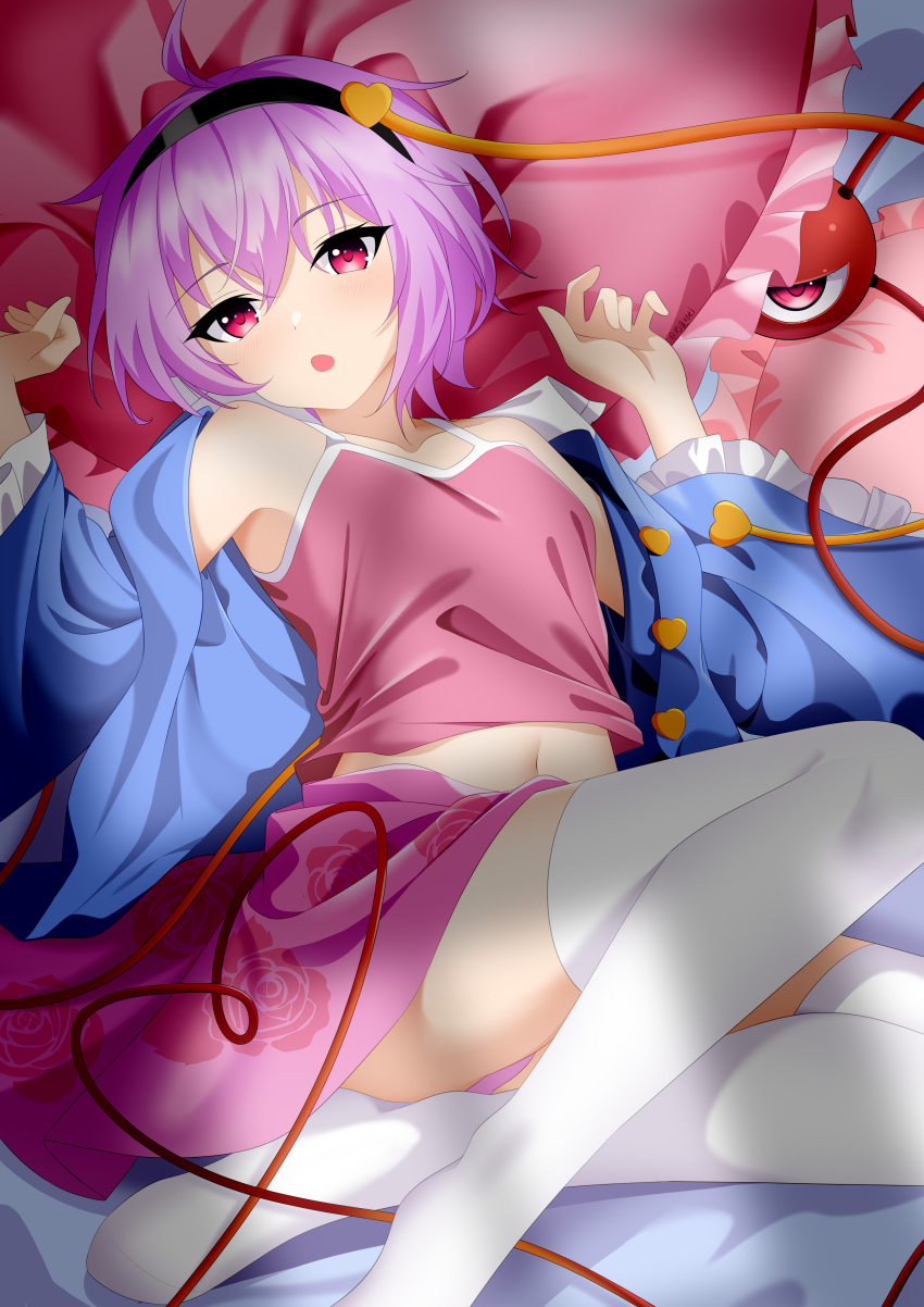 1girl :o \||/ absurdres ahoge bare_shoulders breasts buttons commentary_request dot_nose eyeball floral_print frills full_body glaring hair_between_eyes hair_ornament hands_up heart heart_button heart_hair_ornament heart_of_string highres komeiji_satori light_blush long_sleeves looking_at_viewer lying messy_hair midriff navel off_shoulder on_back open_mouth panties pantyshot pillow pink_tank_top purple_hair red_eyes shiguang_wuxia short_hair sitting small_breasts solo stenciled_rose tank_top thighhighs third_eye touhou unbuttoned unbuttoned_shirt underwear white_thighhighs wide_sleeves yokozuwari