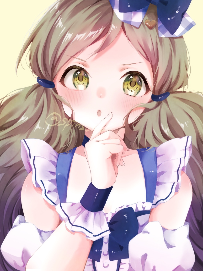 1girl :o absurdres arm_garter blue_bow blush bow brown_hair commentary_request frilled_wristband hair_bow handa_roco highres idolmaster idolmaster_million_live! kori_(spinsongs) long_hair looking_at_viewer simple_background solo twintails twitter_username upper_body very_long_hair yellow_eyes