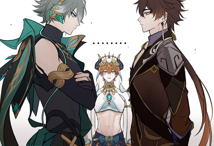 ... 3boys alhaitham_(genshin_impact) blue_eyes brown_hair closed_mouth cosplay crop_top crossed_arms detached_sleeves earrings fake_horns genshin_impact gloves gradient_hair green_eyes grey_hair hair_between_eyes highres horns jewelry long_hair long_sleeves male_focus midriff multicolored_hair multiple_boys navel nilou_(genshin_impact) nilou_(genshin_impact)_(cosplay) orange_eyes orange_hair ponytail puffy_sleeves qinnye shirt simple_background sleeveless sleeveless_shirt stomach tartaglia_(genshin_impact) veil white_background zhongli_(genshin_impact)