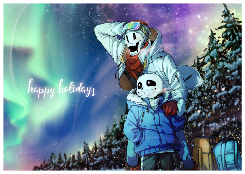 2boys ahin_vpv bag black_sclera blue_jacket colored_sclera grin happy_holidays hood jacket male_focus multiple_boys papyrus_(undertale) sans_(undertale) skeleton smile teeth undertale white_eyes winter_clothes