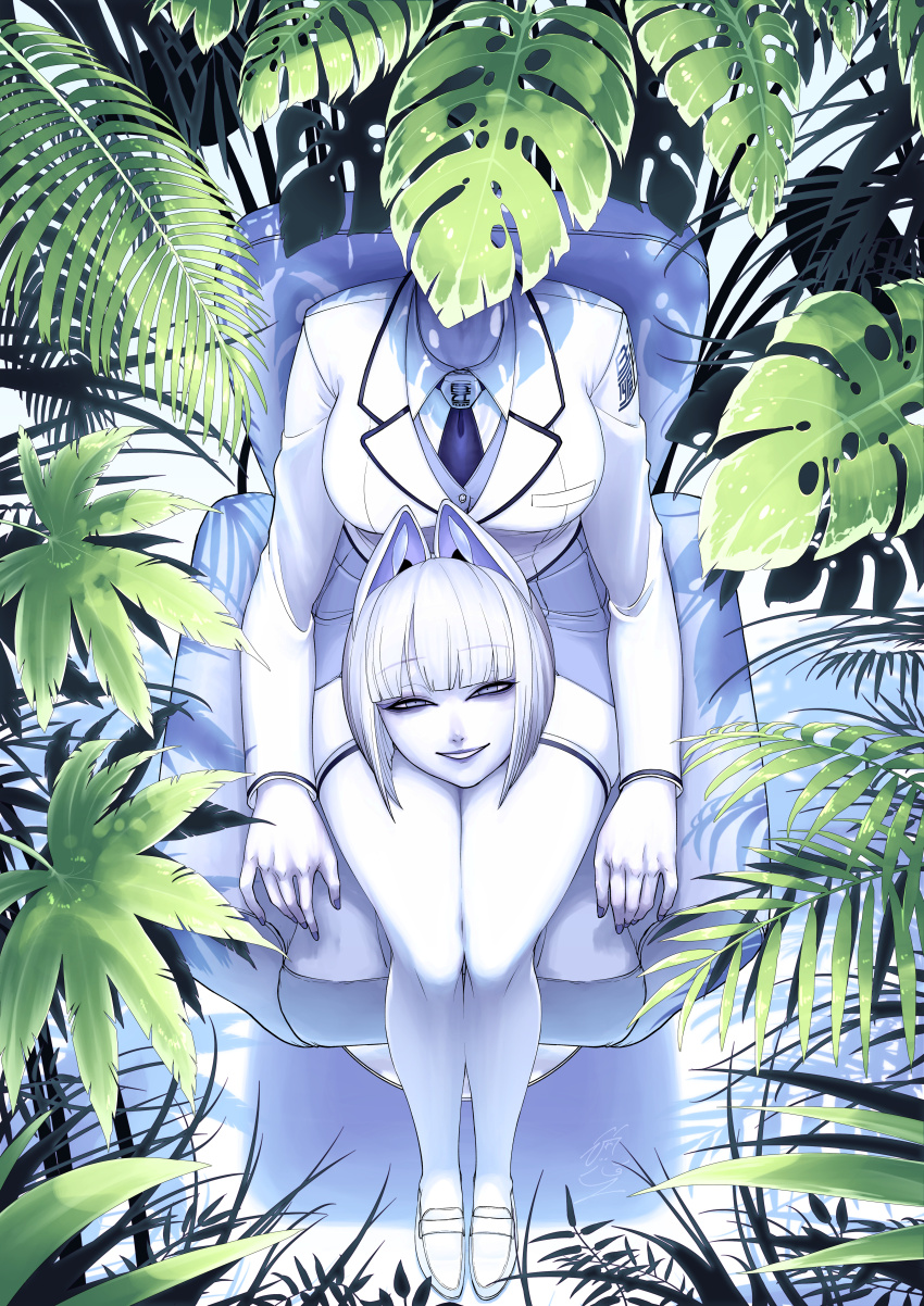 1girl absurdres animal_ears arm_rest armchair blunt_bangs breasts byackopath byackopath_(artist) chair collared_shirt colored_skin disembodied_head dullahan fern formal_clothes from_above full_body grey_skirt grey_vest grin half-closed_eyes highres jacket large_breasts leaf loafers long_sleeves looking_at_viewer looking_up miniskirt necktie original purple_necktie shade shirt shoes short_hair signature skirt smile solo suit suit_jacket vest white_hair white_shirt white_shoes white_skin white_suit