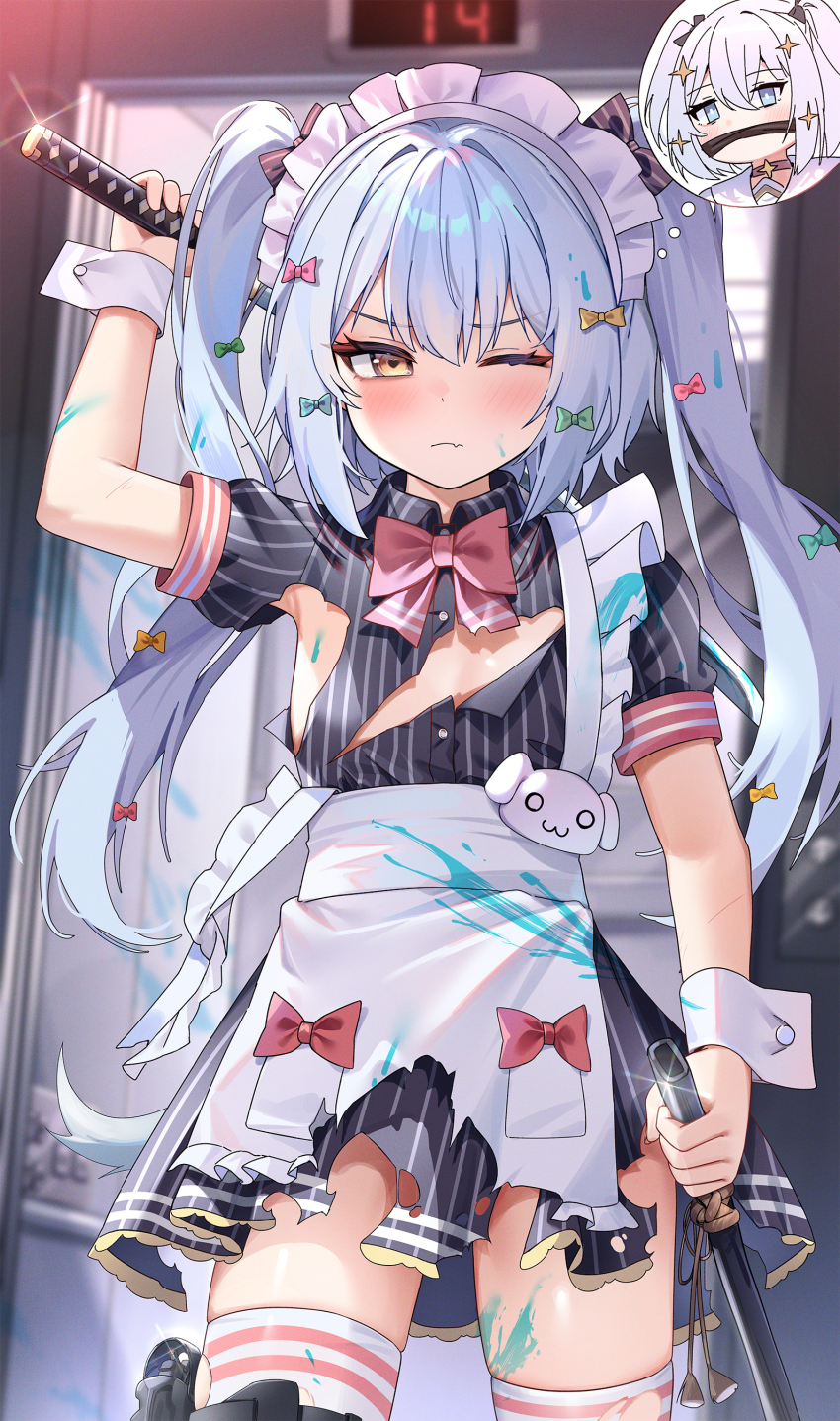 1boy absurdres apron arm_up blue_hair blurry blurry_background blush bow bowtie brown_eyes bu_leike closed_mouth commentary cowboy_shot dog_tail dress elevator fang hair_between_eyes hair_bow heart heart-shaped_pupils highres holding holding_behind_back holding_sheath holding_sword holding_sword_behind_back holding_weapon holding_weapon_behind_back inuyama_tamaki long_hair looking_at_viewer maid maid_apron maid_headdress multiple_hair_bows noripro one_eye_closed pink_bow pink_bowtie pinstripe_dress pinstripe_pattern sheath short_sleeves skin_fang solo_focus speech_bubble sword symbol-shaped_pupils tail tamaki_(voisona) tearing_up tears thighhighs thought_bubble torn_apron torn_clothes torn_dress torn_thighhighs trap twintails unsheathed virtual_youtuber voisona weapon white_thighhighs white_wrist_cuffs wrist_cuffs