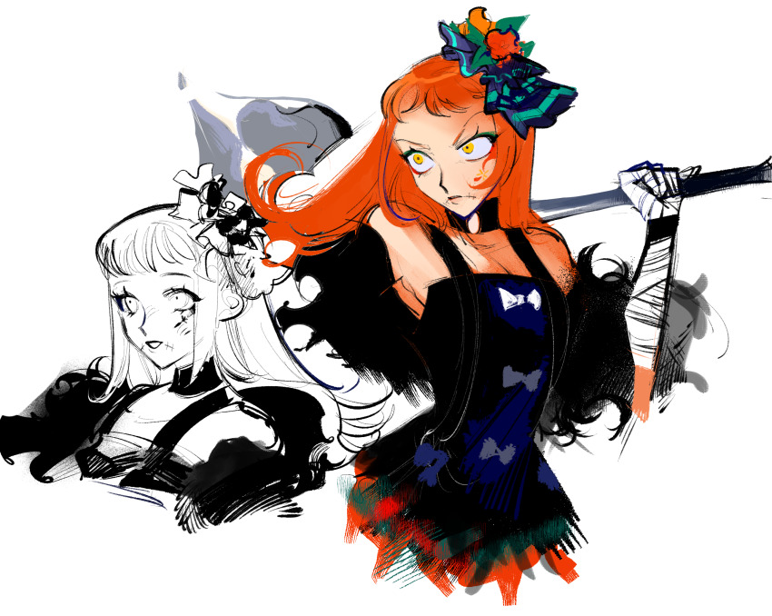 1girl aqua_eyeshadow axe bandaged_arm bandaged_hand bandages eyeshadow facial_mark fire_emblem fire_emblem_engage fur_sleeves highres holding holding_axe makeup mochako_(motyako_1005) nintendo orange_hair panette_(fire_emblem) short_bangs stitched_mouth stitches yellow_eyes