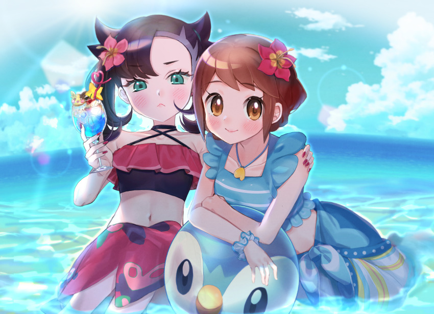 2girls abe_(kumayu) absurdres ball beachball blue_sarong blue_shirt blush brown_eyes brown_hair character_print closed_mouth cloud collarbone commentary_request day eyelashes flower gen_4_pokemon gen_8_pokemon glass gloria_(pokemon) gloria_(summer_2021)_(pokemon) green_eyes hair_flower hair_ornament highres holding jewelry leaning marnie_(pokemon) marnie_(summer_2021)_(pokemon) morpeko morpeko_(full) multiple_girls nail_polish navel necklace nintendo official_alternate_costume outdoors pink_flower piplup pokemon pokemon_masters_ex red_nails sarong scrunchie shirt short_hair sky sleeveless sleeveless_shirt smile water wrist_scrunchie
