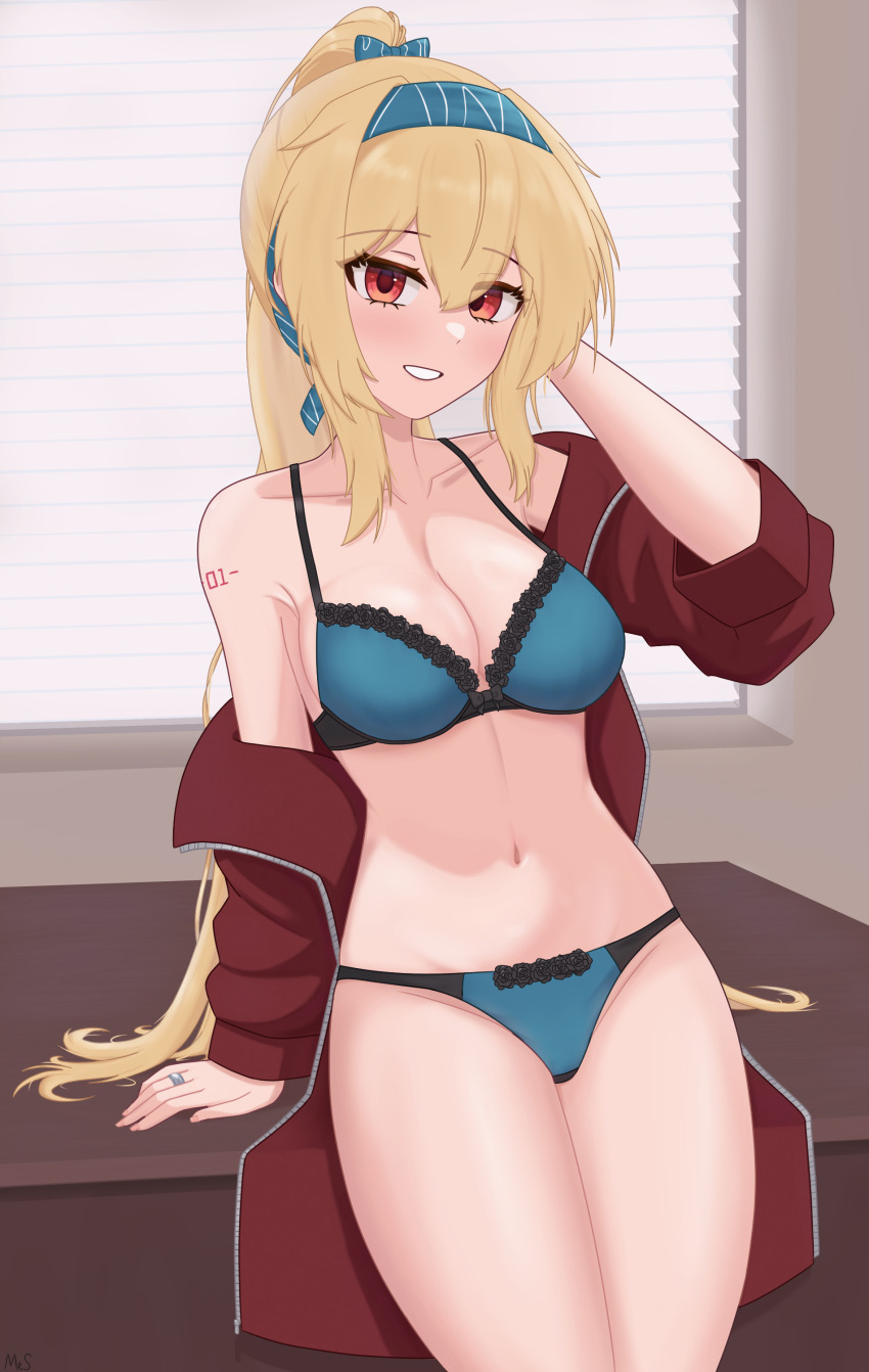 1girl absurdres arm_support arm_tattoo blue_bow blue_bra blue_hairband blue_panties bow bra breasts cleavage collarbone commentary cowboy_shot english_commentary girls&#039;_frontline hair_between_eyes hair_bow hairband hand_up highres indoors jacket jewelry lace lace-trimmed_bra lace-trimmed_panties lace_trim looking_at_viewer mr.something navel number_tattoo off_shoulder open_clothes open_jacket orange_eyes panties parted_lips ponytail red_jacket ring smile solo stomach sv-98_(girls&#039;_frontline) table tattoo underwear wedding_ring window