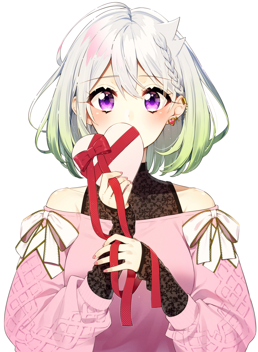 1girl bare_shoulders bow box braid commentary_request covered_mouth ear_piercing earrings gift gift_box gradient_hair green_hair hair_between_eyes heart heart-shaped_box heart_earrings highres holding holding_gift jewelry long_sleeves looking_at_viewer multicolored_hair nail_polish off-shoulder_sweater off_shoulder piercing pink_nails pink_sweater puffy_long_sleeves puffy_sleeves purple_eyes red_bow sakuragi_ren silver_hair simple_background sleeves_past_wrists solo sweater upper_body virtual_youtuber white_background white_bow yuni_(yuni_channel) yuni_channel