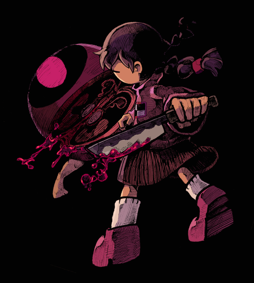 1girl black_background blood bloody_knife braid chomahu closed_eyes cross-section full_body highres holding holding_knife knife kyukkyu-kun long_sleeves low_twin_braids madotsuki pink_shoes shoes simple_background skirt slicing socks sweater twin_braids white_socks yume_nikki