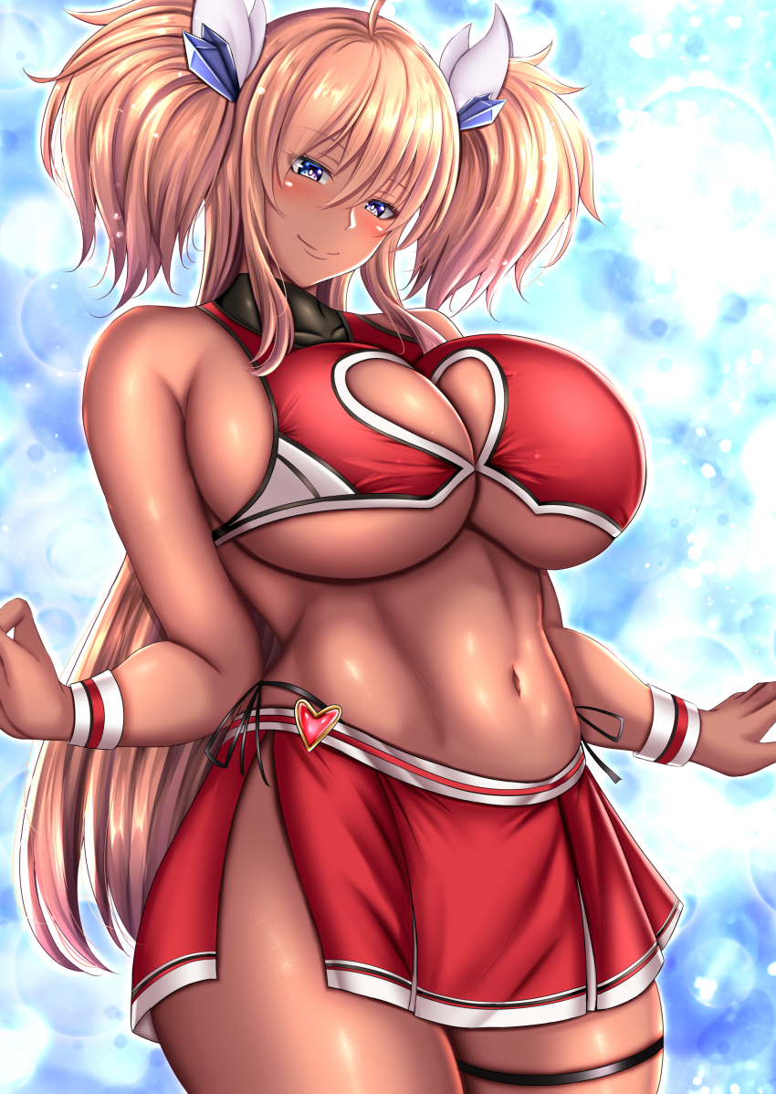 1girl absurdres alternate_costume alternate_skin_color bare_arms bare_legs bare_shoulders bikini bikini_under_clothes blonde_hair blush breasts cheerleader curvy dark-skinned_female dark_skin earrings high_heels highleg highleg_bikini highres huge_breasts inverted_nipples jewelry kanna_(minamozuki) long_hair miniskirt navel no_bra official_alternate_costume onizaki_kirara shiny_skin skirt solo swimsuit taimanin_(series) taimanin_rpgx tan thong thong_bikini twintails wide_hips