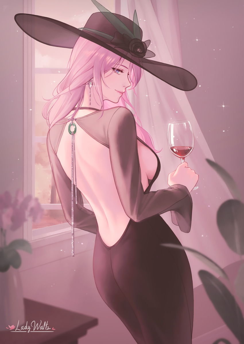1girl alcohol alternate_costume backless_dress backless_outfit black_dress black_hat blue_eyes breasts closed_mouth commentary cowboy_shot cup curtains dress drinking_glass earrings from_behind hat highres holding holding_cup honkai:_star_rail honkai_(series) indoors jade_(gemstone) jade_(honkai:_star_rail) jewelry ladywaltz large_breasts large_hat long_hair looking_at_viewer median_furrow purple_hair sideboob signature slit_pupils smile solo very_long_hair window wine
