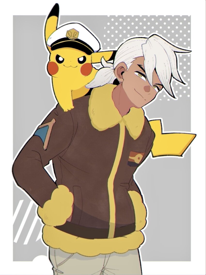 1boy :3 border brown_jacket captain_pikachu closed_mouth commentary_request cowboy_shot dark-skinned_male dark_skin dot_nose friede_(pokemon) fur-trimmed_collar fur-trimmed_jacket fur-trimmed_sleeves fur_trim gen_1_pokemon grey_pants hands_in_pockets hat highres jacket looking_at_viewer looking_to_the_side male_focus mogutory nintendo pants peaked_cap pikachu pokemon pokemon_(anime) pokemon_(creature) pokemon_horizons ponytail sideways_glance smile solo standing white_border white_hair white_hat yellow_eyes yellow_fur