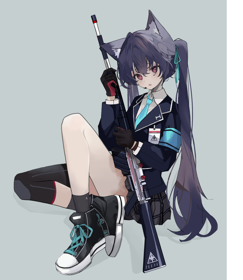 1girl absurdres assault_rifle beretta_ar70/90 black_gloves black_hair black_jacket black_shoes black_skirt black_socks blue_archive blue_necktie collared_shirt enne_kl gloves gun hair_between_eyes highres jacket long_hair long_sleeves necktie no_halo open_mouth plaid_clothes plaid_skirt pleated_skirt red_eyes rifle serika_(blue_archive) shirt shoes skirt socks solo twintails weapon white_shirt