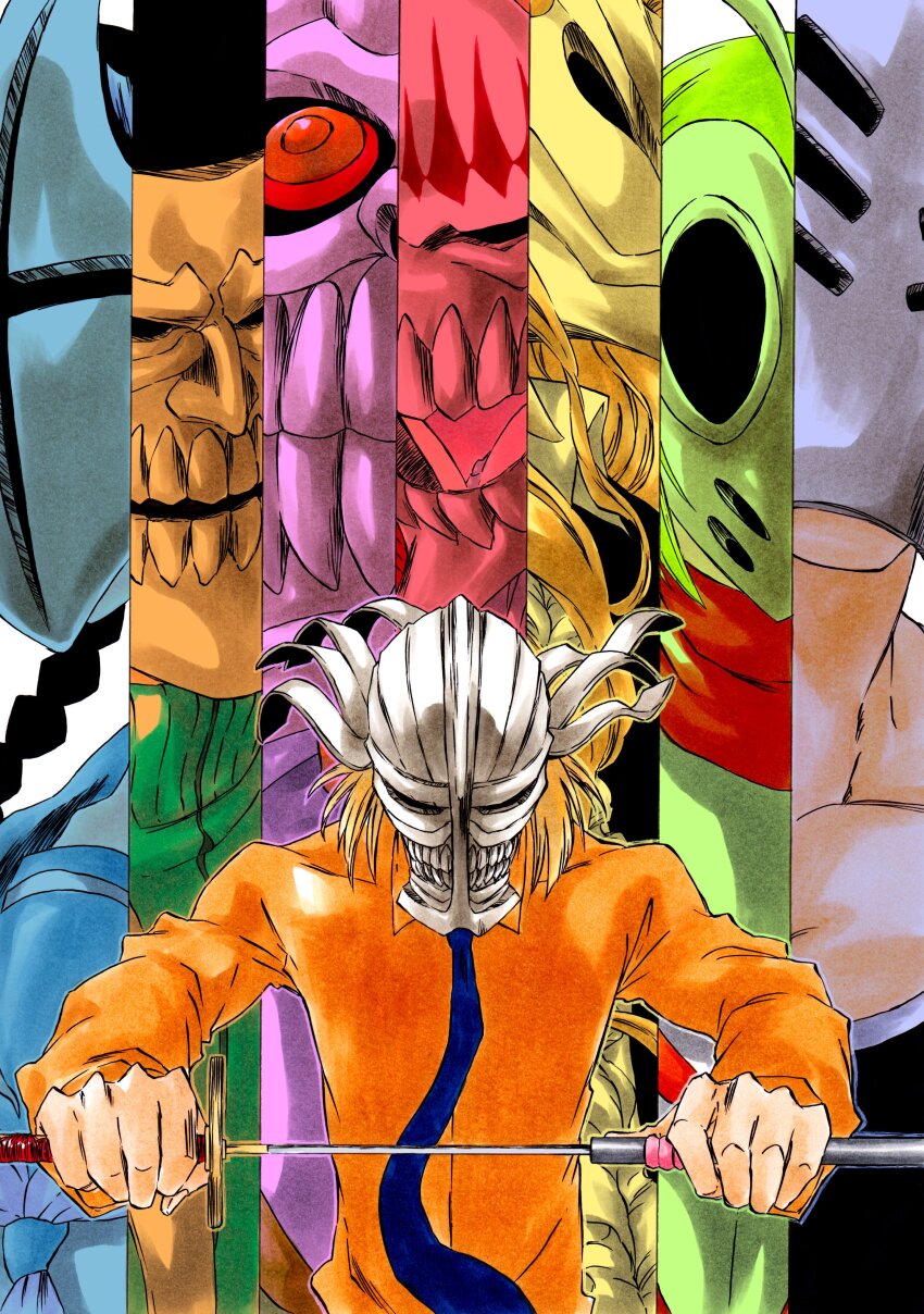 absurdres aikawa_love black_hair bleach blonde_hair blue_necktie braid collarbone highres hirako_shinji holding holding_sword holding_weapon hollow_mask ken&#039;ichi_(ken1ro_u) kuna_mashiro mask muguruma_kensei multiple_boys multiple_girls necktie ootoribashi_roujuurou orange_shirt sarugaki_hiyori scarf sheath shirt sword turtleneck unsheathing ushouda_hachigen weapon yadoumaru_lisa