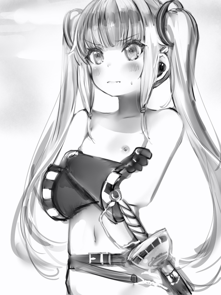 1girl amazon_(azur_lane) azur_lane bad_id bad_pixiv_id belt blush closed_mouth crossed_arms earplugs flat_chest gloves greyscale highres looking_at_viewer monochrome naked_belt nanashi_(nlo) navel nipples nude rapier sheath sheathed solo standing sweat sword twintails upper_body weapon