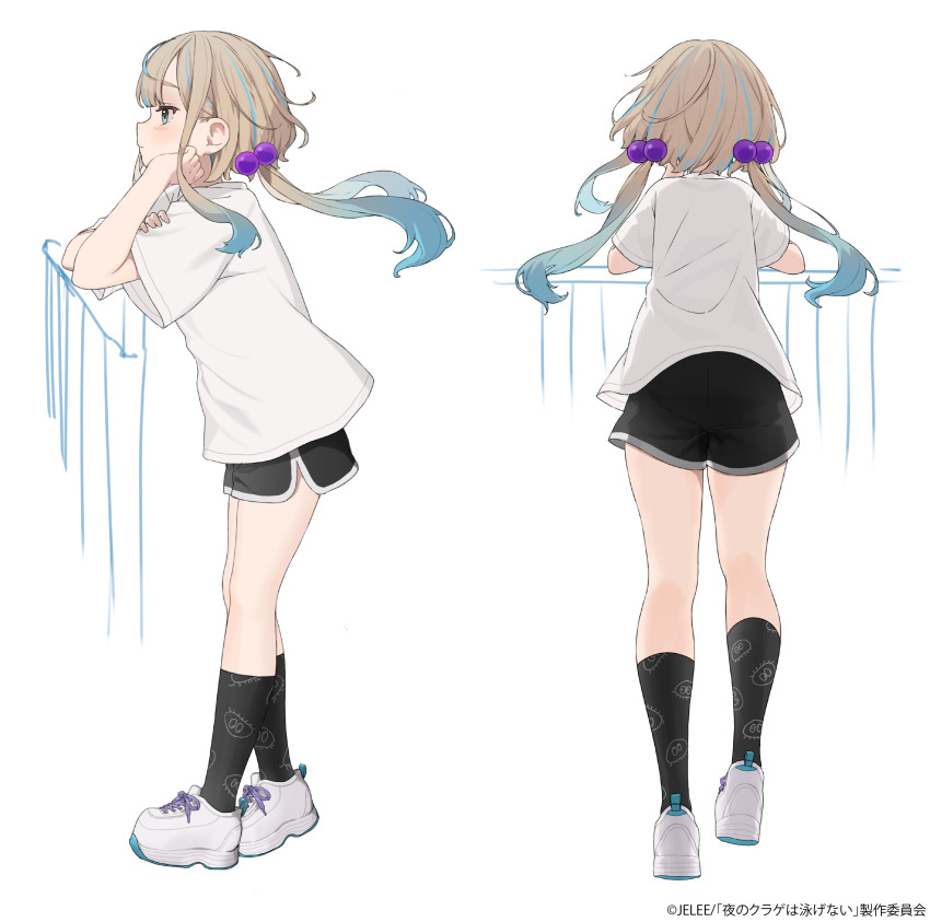 1girl absurdres black_shorts black_socks blue_eyes blue_hair blush closed_mouth commentary_request copyright_notice dolphin_shorts floating_hair full_body hamunezuko_(nezukonezu32) highres jelee-chan leaning light_brown_hair long_hair multicolored_hair multiple_views railing shirt short_sleeves shorts sidelocks simple_background socks streaked_hair twintails umituki_yoru white_background white_footwear white_shirt yoru_no_kurage_wa_oyogenai