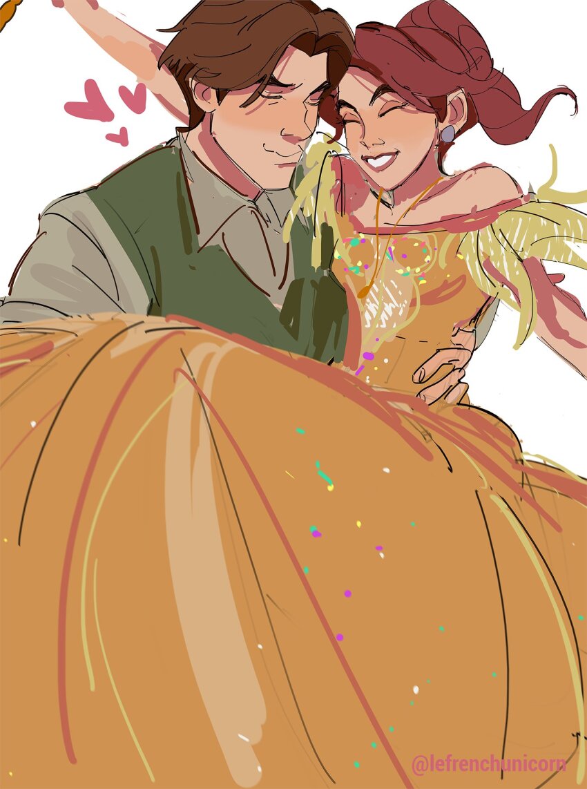 1boy 1girl ^_^ anastasia_(1997) anya_(anastasia) brown_hair carrying carrying_person closed_eyes commentary couple dimitri_(anastasia) dress earrings english_commentary french-unicorn happy heart highres jewelry long_dress ponytail red_hair short_hair twitter_username yellow_dress