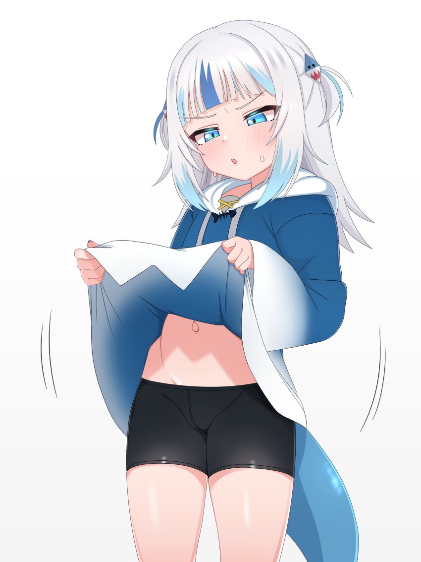 1girl :o absurdres bike_shorts black_shorts blue_eyes blue_hair blue_hoodie blush clothes_lift fins fish_tail gawr_gura gawr_gura_(1st_costume) hair_ornament highres hololive hololive_english hood hood_down hoodie hoodie_lift lifting_own_clothes loli long_hair long_sleeves mingkozus multicolored_hair navel open_mouth shark_girl shark_hair_ornament shark_tail sharp_teeth shorts simple_background solo stomach streaked_hair tail teeth two_side_up virtual_youtuber white_background white_hair wide_sleeves