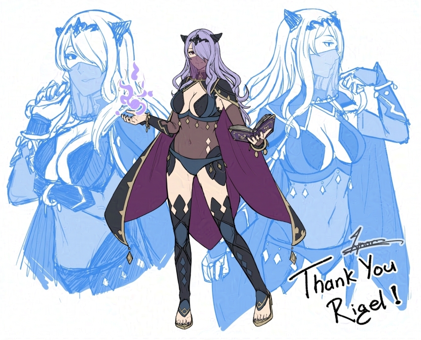 1girl alternate_costume blue_panties book breasts camilla_(fire_emblem) cape cleavage cosplay fire_emblem fire_emblem_fates full_body holding holding_book horns looking_at_viewer lynarc medium_breasts mouth_veil multiple_views nintendo nyx_(fire_emblem) nyx_(fire_emblem)_(cosplay) panties purple_hair revealing_clothes underwear veil