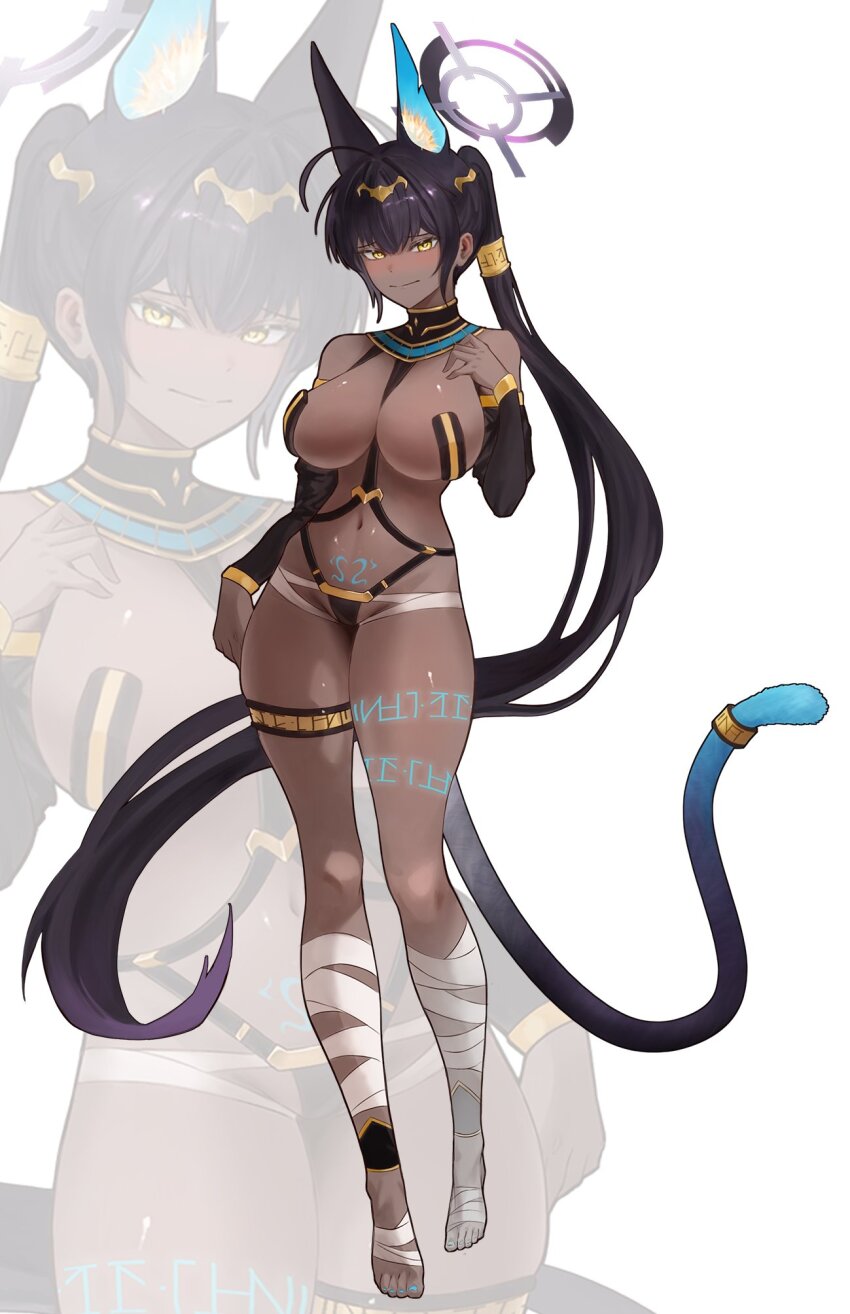 1girl ancient_egyptian ancient_egyptian_clothes blue_archive breasts dark-skinned_female dark_skin full_body gradient_tail halo highres karin_(blue_archive) large_breasts multicolored_tail navel purple_halo solo tail weiiew