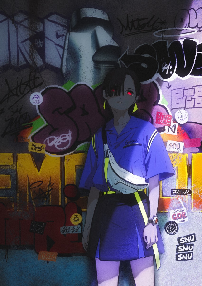 1girl absurdres black_skirt blue_shirt collared_shirt cowboy_shot deg_(deguana) earrings graffiti hair_over_one_eye highres jewelry moai original parted_lips red_eyes shadow shirt shirt_tucked_in short_sleeves skirt smile solo watch wristwatch