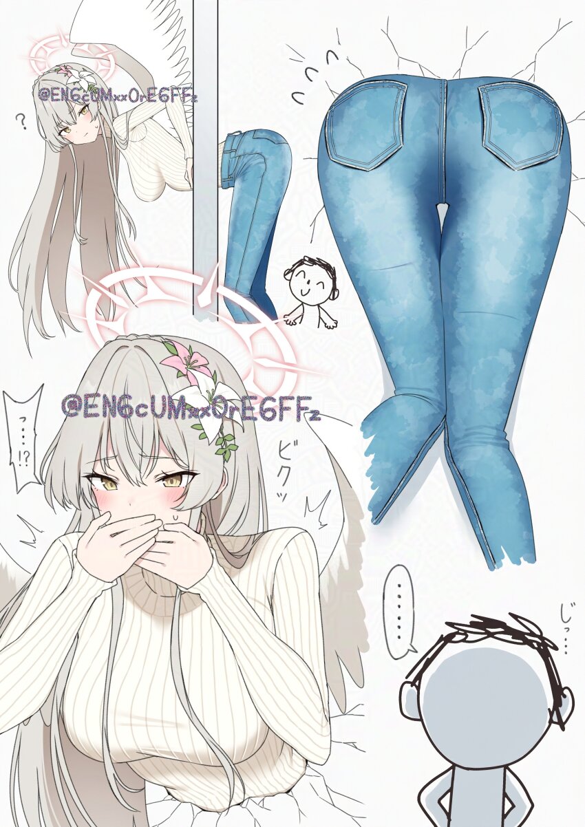 1boy 1girl ? absurdres alternate_costume angel_wings artist_name ass blue_archive breasts commentary covering_own_mouth denim doodle_sensei_(blue_archive) feathered_wings flower hair_between_eyes hair_flower hair_ornament halo highres jeans long_hair long_sleeves nagisa_(blue_archive) pants pink_halo sensei_(blue_archive) sweater through_wall turtleneck turtleneck_sweater white_hair white_sleeves white_sweater white_wings wings yamano_rokamizu