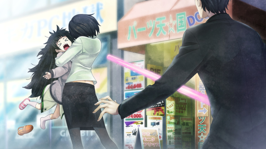&gt;_&lt; 1boy 2girls asymmetrical_footwear back_peek beard_stubble black_hair black_jacket black_pantyhose black_shirt black_skirt blunt_bangs bob_cut closed_eyes clothes_lift clothing_request collar collarbone collared_shirt crocs dress facial_hair fangs flat_chest from_behind game_cg green_collar green_dress green_hair green_trim grey_jacket height_difference highres hiyajou_maho holding holding_toy hug huke jacket jacket_over_dress judy_reyes lifting_person long_hair long_sleeves mature_female messy_hair miniskirt mismatched_footwear multiple_girls non-web_source official_art okabe_rintarou okabe_rintarou_(beta) open_mouth pantyhose pink_sandals ringed_eyes sandals shirt shirt_lift short_hair shouting skirt socks steins;gate steins;gate_0 stubble thick_eyebrows thighs tongue toy unworn_shoe very_long_hair white_socks