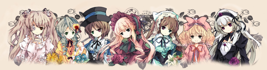 6+girls black_outline blonde_hair bondson brown_hair floral_border gloves heterochromia highres hinaichigo kanaria kirakishou long_hair medium_hair multiple_girls outline rozen_maiden shinku souseiseki suigintou suiseiseki white_background white_hair