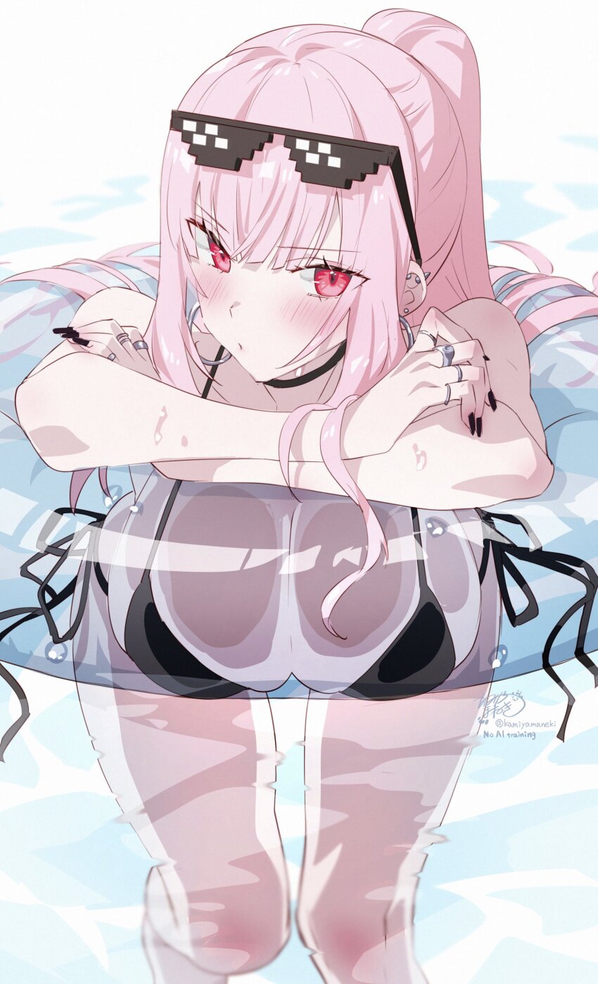 1girl absurdres bikini black_bikini black_nails blunt_bangs blush breasts cleavage commentary earrings english_commentary eyewear_on_head halterneck highres hololive hololive_english hoop_earrings jewelry kamiya_maneki large_breasts long_hair looking_at_viewer mori_calliope multiple_rings nail_polish partially_submerged pink_eyes pink_hair ponytail ring side-tie_bikini_bottom sidelocks solo spiked_ear_piercing sunglasses swim_ring swimsuit virtual_youtuber