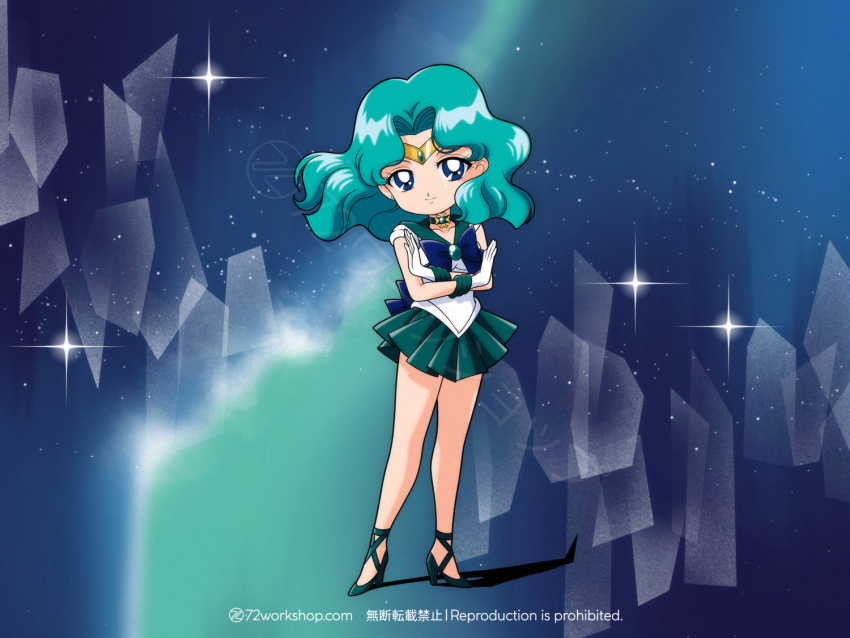 1girl 72workshop aqua_eyes aqua_hair aqua_sailor_collar aqua_skirt artist_name bare_legs bishoujo_senshi_sailor_moon bishoujo_senshi_sailor_moon_s blue_bow blue_choker blue_eyes bow choker circlet crossed_arms deformed earrings full_body gloves green_hair green_sailor_collar green_shoes green_skirt high_heels jewelry kaiou_michiru light_smile magical_girl medium_hair miniskirt night night_sky no_socks outer_senshi parted_bangs pleated_skirt sailor_collar sailor_neptune sailor_senshi sailor_senshi_uniform shirt shoes skirt sky sleeveless sleeveless_shirt smile solo standing star_(sky) strappy_heels stud_earrings watermark white_gloves white_shirt