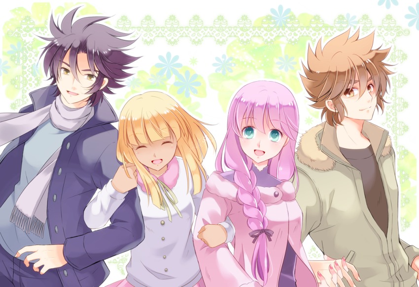 10s 2boys 2girls athena blonde_hair braid brown_eyes brown_hair casual coat dark_skin closed_eyes green_eyes holding_hands happy jacket kido_saori kouno_hotoki long_hair multiple_boys multiple_girls pallas pegasus_seiya purple_hair saint_seiya saint_seiya_omega scarf short_hair smile titan_(saint_seiya_omega)