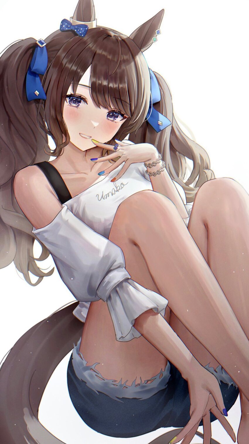 1girl animal_ears bare_shoulders black_straps blue_bow blue_eyes blue_nails blue_shorts blush bow bow_ring brown_hair collarbone commentary denim denim_shorts ear_ornament earrings green_nails hair_bow hair_ornament hair_ribbon hand_up highres horse_ears horse_girl horse_tail jewelry knees_up long_hair looking_at_viewer multicolored_nails nail_polish off-shoulder_shirt off_shoulder open_mouth parted_bangs parted_lips polka_dot polka_dot_bow puffy_sleeves purple_ribbon red_nails ribbon ring shirt shorts simple_background sitting smile solo tail thighs tosen_jordan_(umamusume) twintails umamusume wavy_hair white_background wrist_chain yoimoriyoru
