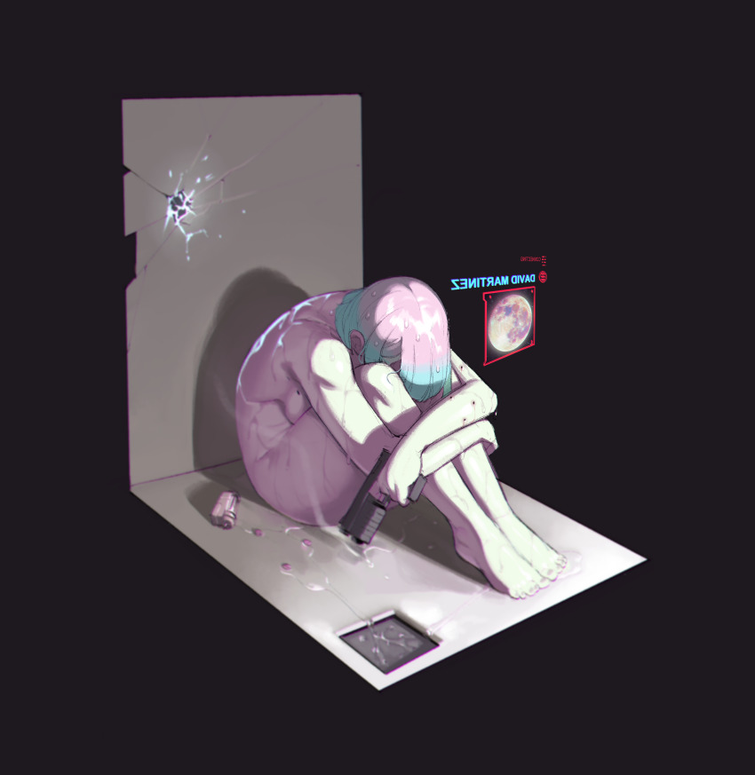1girl aqua_hair attempted_suicide barefoot black_background bullet_hole commentary completely_nude cyberpunk_(series) cyberpunk_edgerunners despair drain_(object) drugs english_commentary finger_on_trigger gun handgun highres hugging_own_legs krekkov lucy_(cyberpunk) mirrored_text moon multicolored_hair nude pill pink_hair short_hair shower_(place) sitting smoke smoking_barrel solo spoilers track_marks two-tone_hair user_interface weapon wet