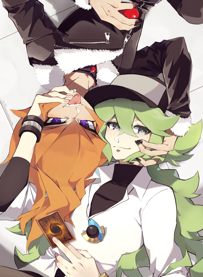 2boys absurdres black_coat black_hat black_pants black_shirt bracelet card coat crossover double-parted_bangs dress_shirt facing_viewer fur-trimmed_coat fur_trim green_hair grey_eyes hair_slicked_back hand_in_another&#039;s_hair hand_on_another&#039;s_cheek hand_on_another&#039;s_face hand_on_own_chest hat highres holding holding_card holding_poke_ball jewelry khaki_pants long_bangs long_hair looking_at_viewer looking_up lying male_focus multiple_boys n_(pokemon) nail_polish necklace nintendo nuumigranate on_back on_ground orange_hair pants partially_unbuttoned poke_ball pokemon pokemon_bw ponytail purple_eyes shirt shirt_under_shirt side-by-side spiked_hair tile_floor tiles tongue tongue_out unbuttoned unbuttoned_shirt vector_(yu-gi-oh!) white_background white_shirt yu-gi-oh! yu-gi-oh!_zexal