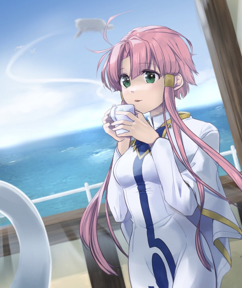 1girl aogirism aria_(manga) aria_company_uniform blue_sky breasts capelet commentary_request cup day dress dutch_angle eyelashes gold_trim green_eyes hair_tubes hands_up highres holding holding_cup impossible_clothes impossible_dress indoors long_sleeves looking_at_viewer medium_breasts mizunashi_akari mug ocean open_mouth parted_bangs pink_hair print_dress short_hair_with_long_locks sky solo spacecraft white_capelet white_dress window