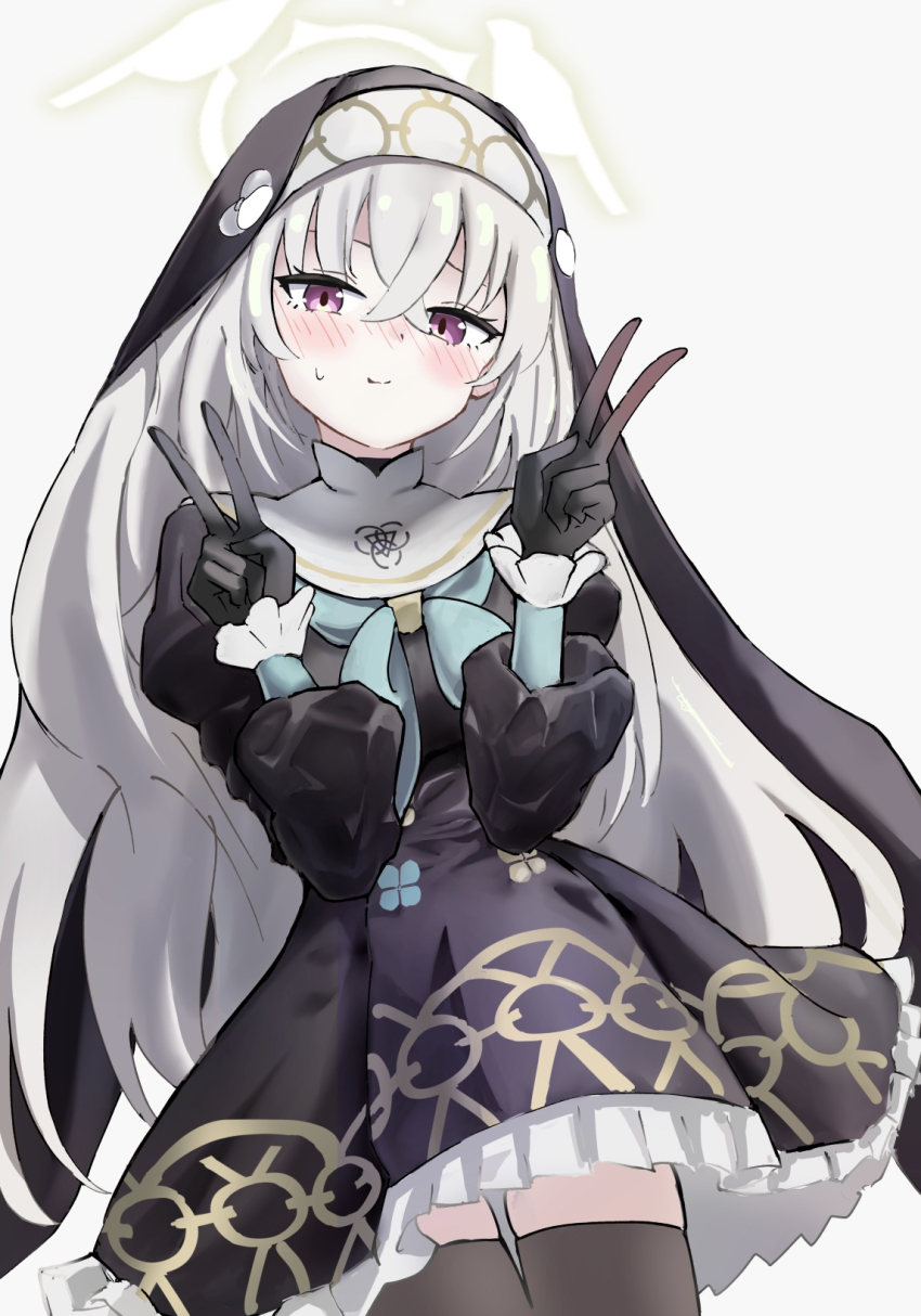 black_dress black_gloves black_thighhighs blue_archive blush closed_mouth double_v dress gloves halo highres red_eyes sakurako_(blue_archive) simple_background takasu_ponu thighhighs thighs trinity_general_school_logo v white_background white_hair yellow_halo