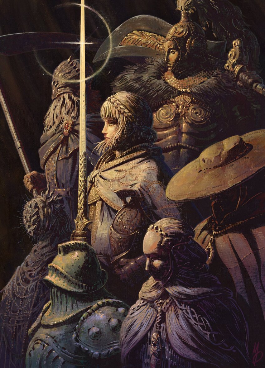 2girls 5boys armor armor_under_clothes black_capelet black_robe blonde_hair braid breastplate cape capelet cloak commentary crown_braid dryleaf_dane elden_ring elden_ring:_shadow_of_the_erdtree english_commentary facial_hair from_side full_armor fur_cape gauntlets golden_cross_(elden_ring) grey_facial_hair hat helm helmet highres holding holding_scythe holding_sword holding_weapon hornsent_(elden_ring) knight mask max58art moore_(elden_ring) multiple_boys multiple_girls needle_knight_leda obscured_eyes ornate_armor over_shoulder pauldrons plume redmane_freyja robe scythe shoulder_armor sir_ansbach sword sword_over_shoulder thiollier_(elden_ring) weapon weapon_over_shoulder white_cloak white_hood white_mask