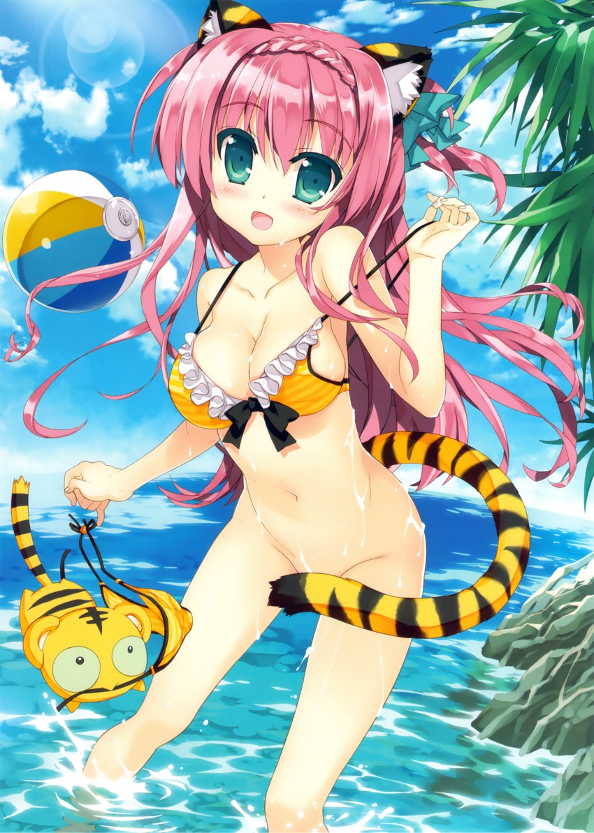 1girl :d absurdres animal_ears assisted_exposure ball beachball bikini blush bottomless bow breasts cat_ears cat_tail censored cleavage clothes_theft comic_toranoana convenient_censoring day female_focus frilled_bikini frills fujima_takuya green_eyes hair_bow highres kotora_(toranoana) lens_flare long_hair looking_at_viewer medium_breasts navel non-web_source ocean one_side_up open_mouth original outdoors pink_hair scan shiny_skin smile solo strap_gap strap_pull striped_bikini striped_clothes swimsuit tail theft tiger tiger_ears tiger_tail toranoana unworn_bikini_bottom wading wardrobe_malfunction water wet yellow_bikini