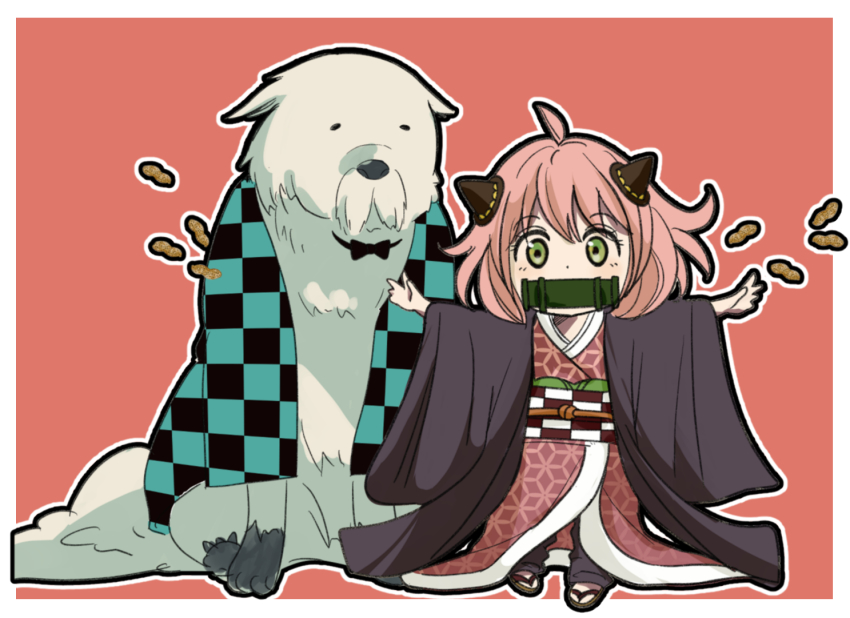 1girl animal anya_(spy_x_family) artist_request blush bond_(spy_x_family) child cosplay dog green_eyes kamado_nezuko_(cosplay) kamado_tanjirou_(cosplay) kimetsu_no_yaiba medium_hair pink_hair sandals spy_x_family