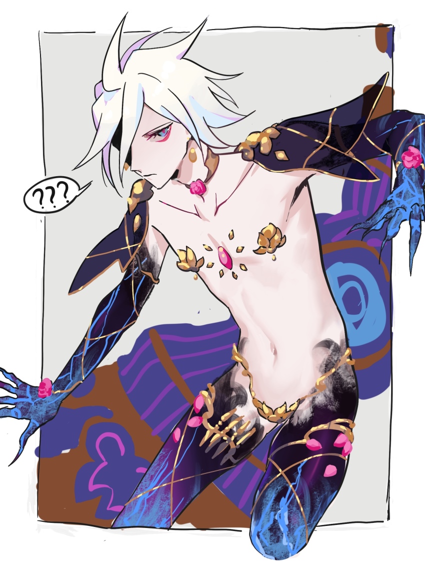 1boy 676643396dolce ? ?? armlet armor bikini_armor bishounen blue_eyes blue_legwear blue_sleeves collar cosplay covered_erect_nipples fate/grand_order fate_(series) flower highres jewelry kama_(fate) kama_(fate)_(cosplay) kama_(third_ascension)_(fate) karna_(fate) lotus male_focus metal_collar pale_skin pun revealing_clothes solo spoken_question_mark thighlet white_hair