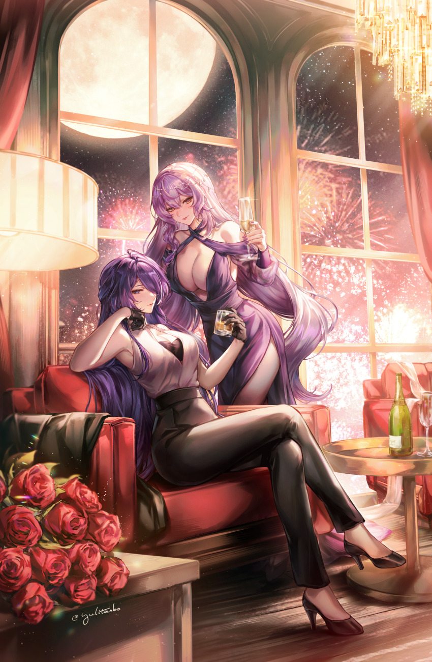 2girls absurdres acheron_(honkai:_star_rail) aerial_fireworks alcohol alternate_costume bare_shoulders black_bra black_gloves black_pants black_skirt black_swan_(honkai:_star_rail) bottle bra breasts center_opening cleavage closed_mouth commentary_request crossed_legs cup dress drinking_glass fireworks flower full_body full_moon gloves hair_between_eyes hair_over_one_eye halter_dress halterneck high_heels highres holding holding_cup honkai:_star_rail honkai_(series) indoors large_breasts long_hair looking_at_viewer moon multiple_girls night night_sky pants purple_dress purple_eyes purple_hair red_flower red_rose rose shirt side_slit signature sitting skirt sky sleeveless sleeveless_shirt smile underwear very_long_hair white_shirt window yellow_eyes yuli_(yulipo)
