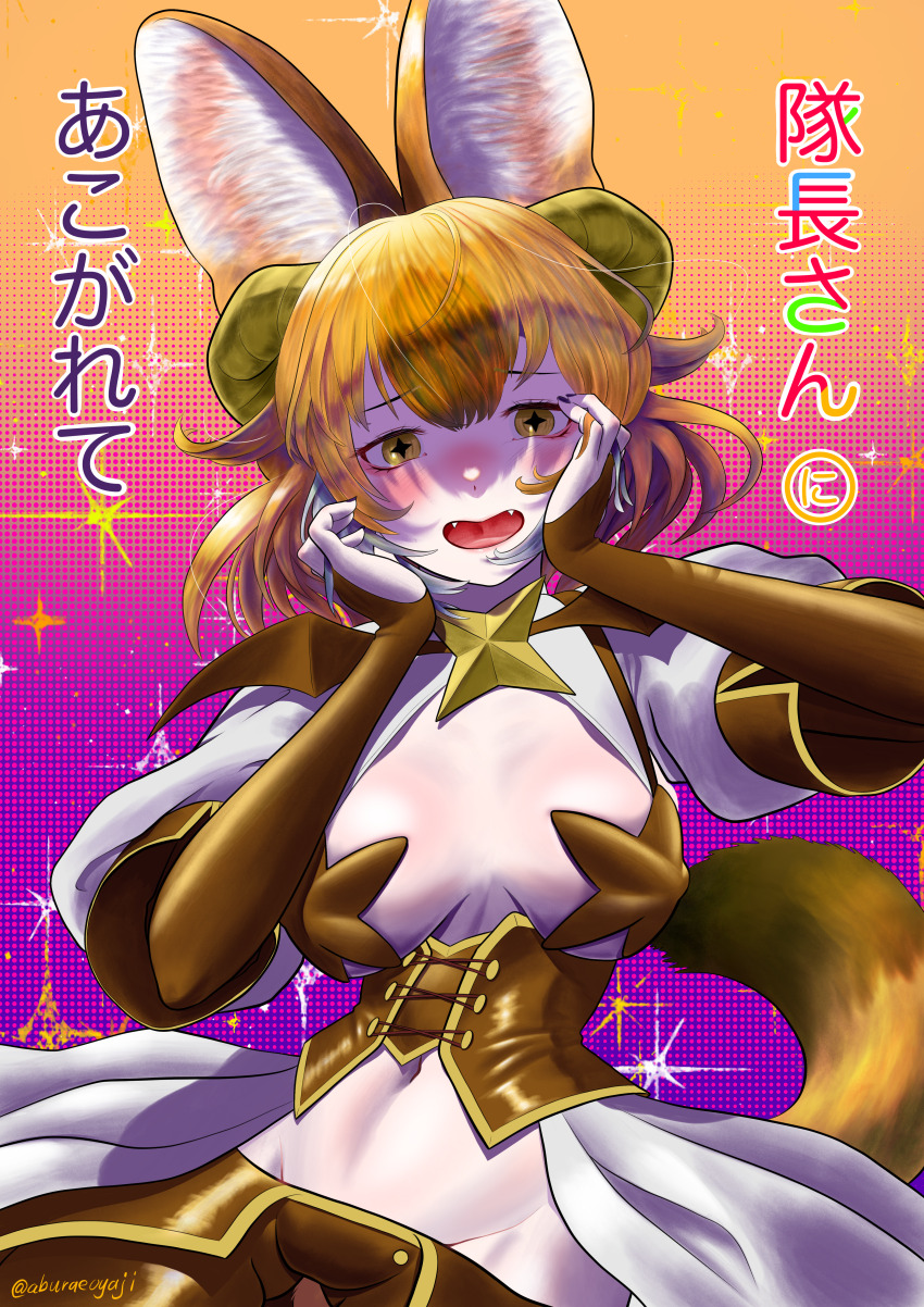 1girl absurdres aburaeoyaji animal_ears blush breastless_clothes breasts brown_hair dhole_(kemono_friends) dog_ears dog_girl dog_tail extra_ears fold-over_gloves forward-facing_horns gloves highres hiiragi_utena horns kemono_friends kemono_friends_3 looking_at_viewer lowleg lowleg_pants mahou_shoujo_ni_akogarete medium_breasts multicolored_hair multiple_girls open_mouth pants short_hair showgirl_skirt shrug_(clothing) smile solo symbol-shaped_pupils tail translated voice_actor_connection white_hair white_shrug yellow_eyes yellow_horns