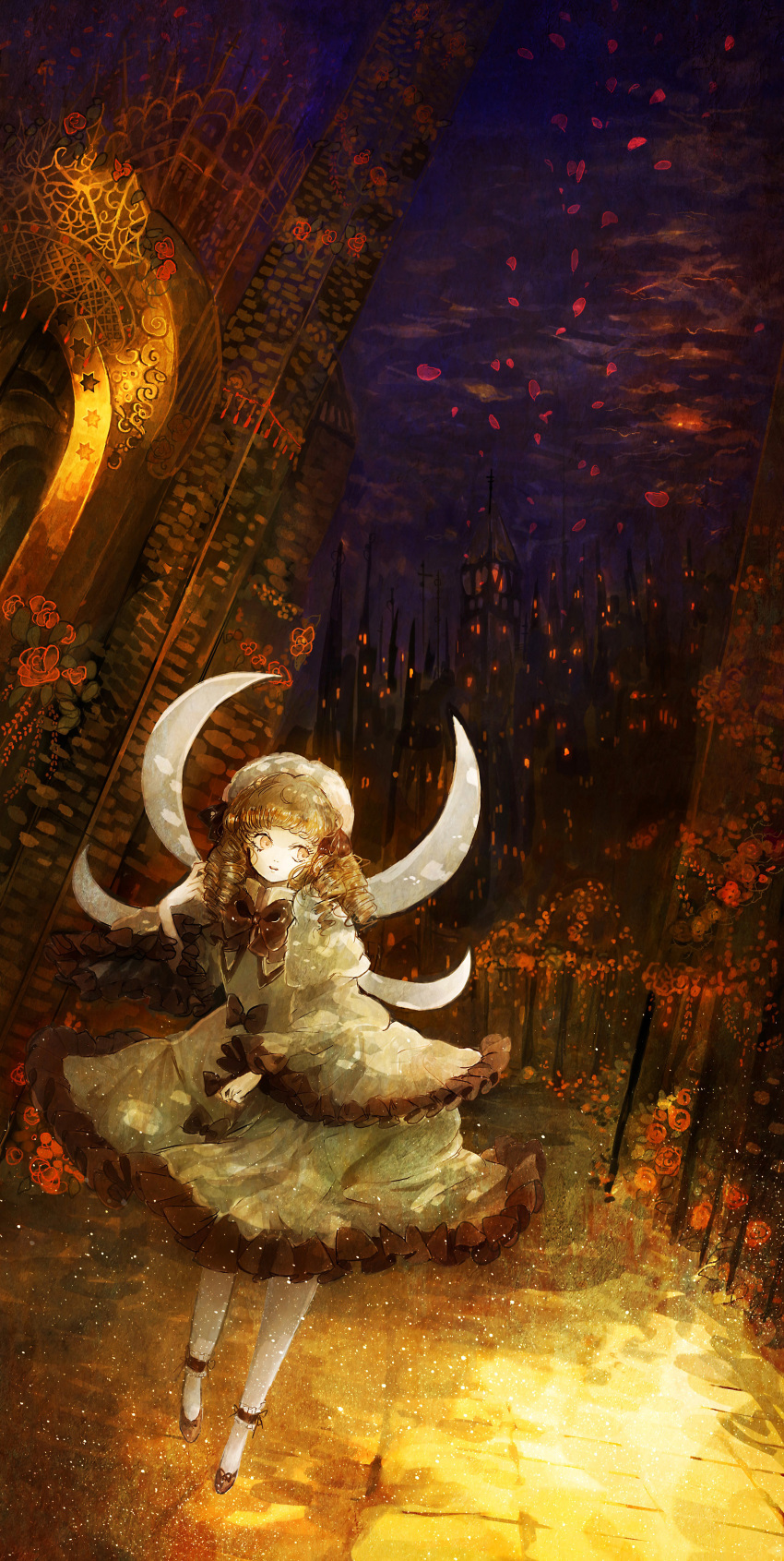 1girl absurdres ankle_garter bad_id bad_pixiv_id blonde_hair cityscape doorway dress drill_hair facing_viewer fairy_wings female_focus flower frilled_skirt frilled_sleeves frills hair_ribbon hand_on_own_shoulder hat highres long_image long_sleeves looking_away luna_child majamari night outdoors pantyhose parted_lips path photokinesis red_flower red_rose ribbon road rose skirt solo touhou white_dress white_pantyhose wings yellow_eyes