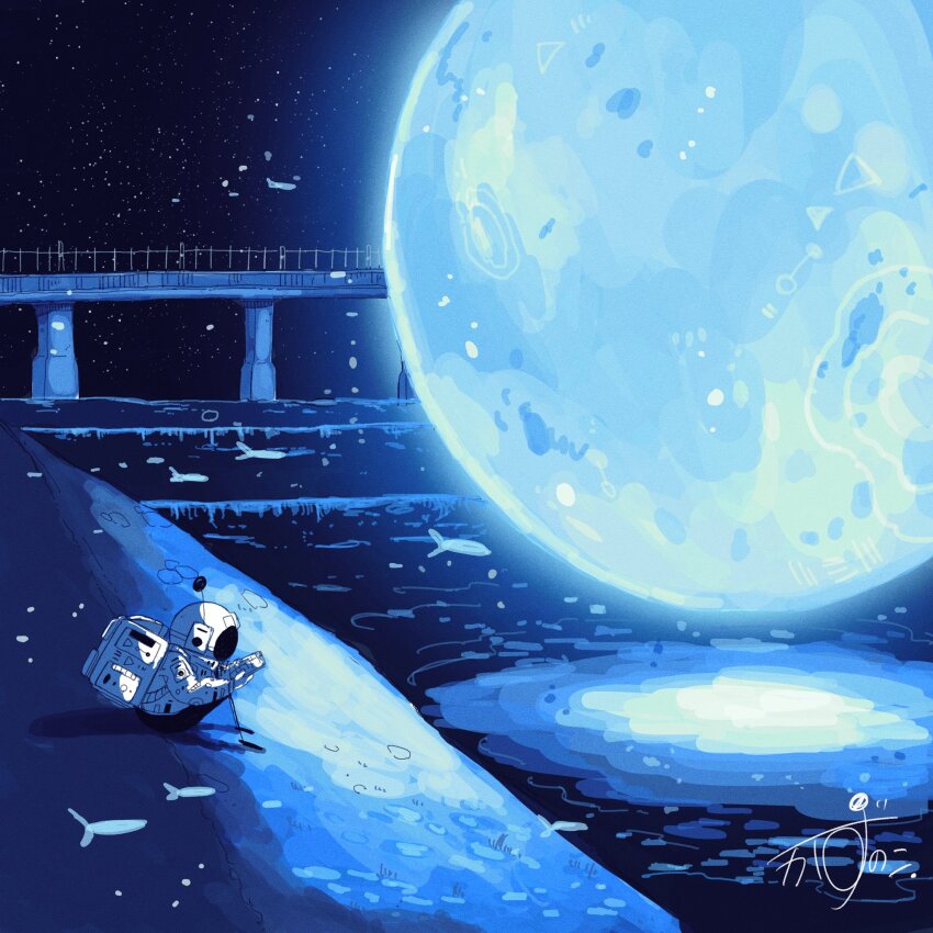 1other artist_name astronaut backpack bag book bridge commentary fish flying_fish gloves helmet highres holding holding_book kazunoko_(kazunoko_zunoco) moon night night_sky open_book original other_focus outdoors radio_antenna railing reading river signature sitting sky solo space_helmet spacesuit star_(sky) starry_sky white_gloves