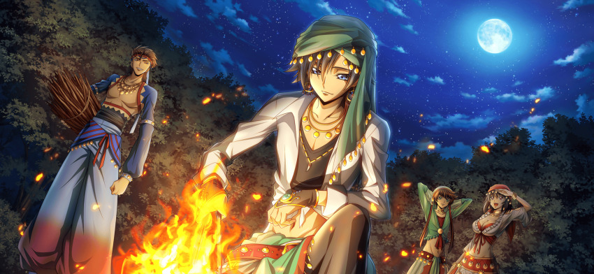 1girl 3boys arm_at_side arm_up arms_behind_head arms_up artist_request belt black_hair black_pants black_shirt blue_eyes blue_gemstone blue_pants blue_sky breasts brown_hair cleavage clenched_hand closed_mouth cloud code_geass code_geass:_boukoku_no_akito code_geass:_lost_stories collarbone collared_shirt crop_top dutch_angle earrings embers fire forest frilled_shirt frills full_moon game_cg gem green_eyes green_gemstone green_scarf green_shirt grin gypsy hair_between_eyes half-closed_eyes happy harem_pants headscarf headband highres holding hyuuga_akito jewelry kousaka_ayano long_sleeves looking_at_another looking_down male_focus medium_breasts midriff moon multiple_boys naruse_yukiya nature navel necklace night non-web_source official_art on_one_knee orange_eyes outdoors pants pectoral_cleavage pectorals red_headband sayama_ryou scarf shirt short_hair shrug_(clothing) sidelocks sky smile solo_focus stoking stomach teeth tied_shirt tooth_necklace tree underlighting undershirt white_shirt