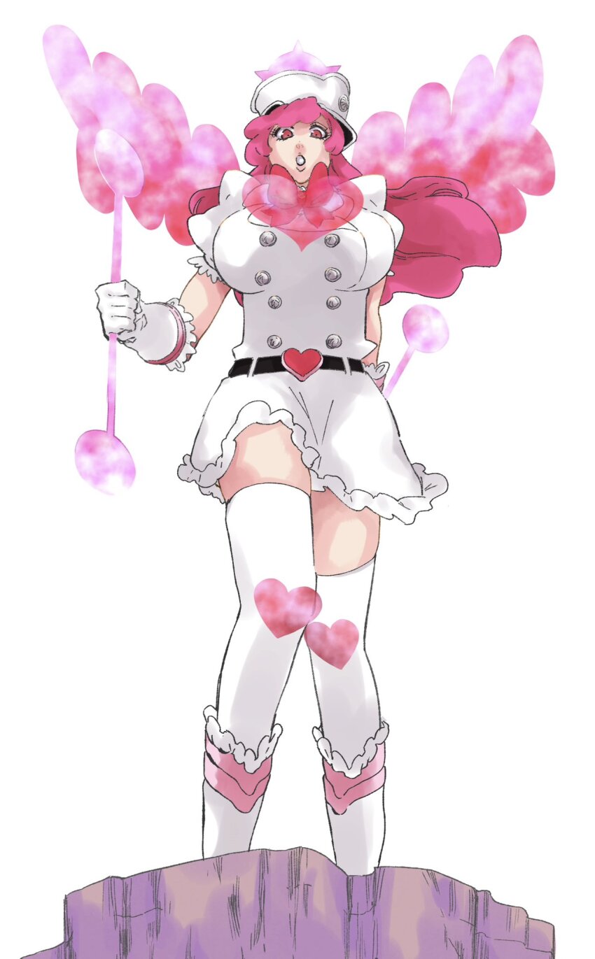 1girl belt bleach bleach:_sennen_kessen-hen breasts dual_wielding elbow_gloves frilled_gloves frilled_skirt frilled_sleeves frills gloves halo hat heart_belt highres holding holding_weapon juliet_sleeves large_breasts long_hair long_sleeves looking_down meninas_mcallon military_hat mitu_hide43 neck_ribbon open_mouth pink_eyes pink_halo pink_wings puffy_sleeves quincy_(bleach) ribbon skirt solo thighhighs vollstandig wandenreich_uniform weapon white_gloves white_thighhighs wings